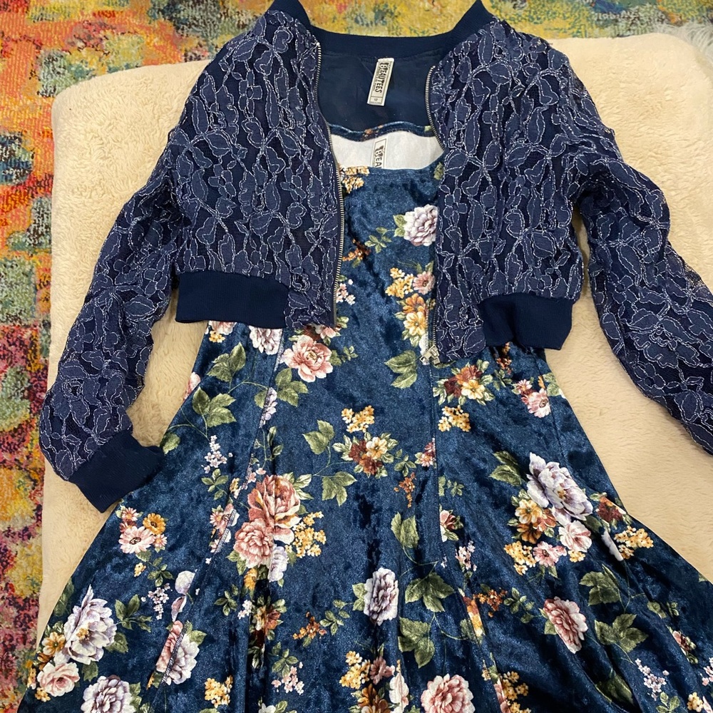 Crushed velvet dress and lace jacket